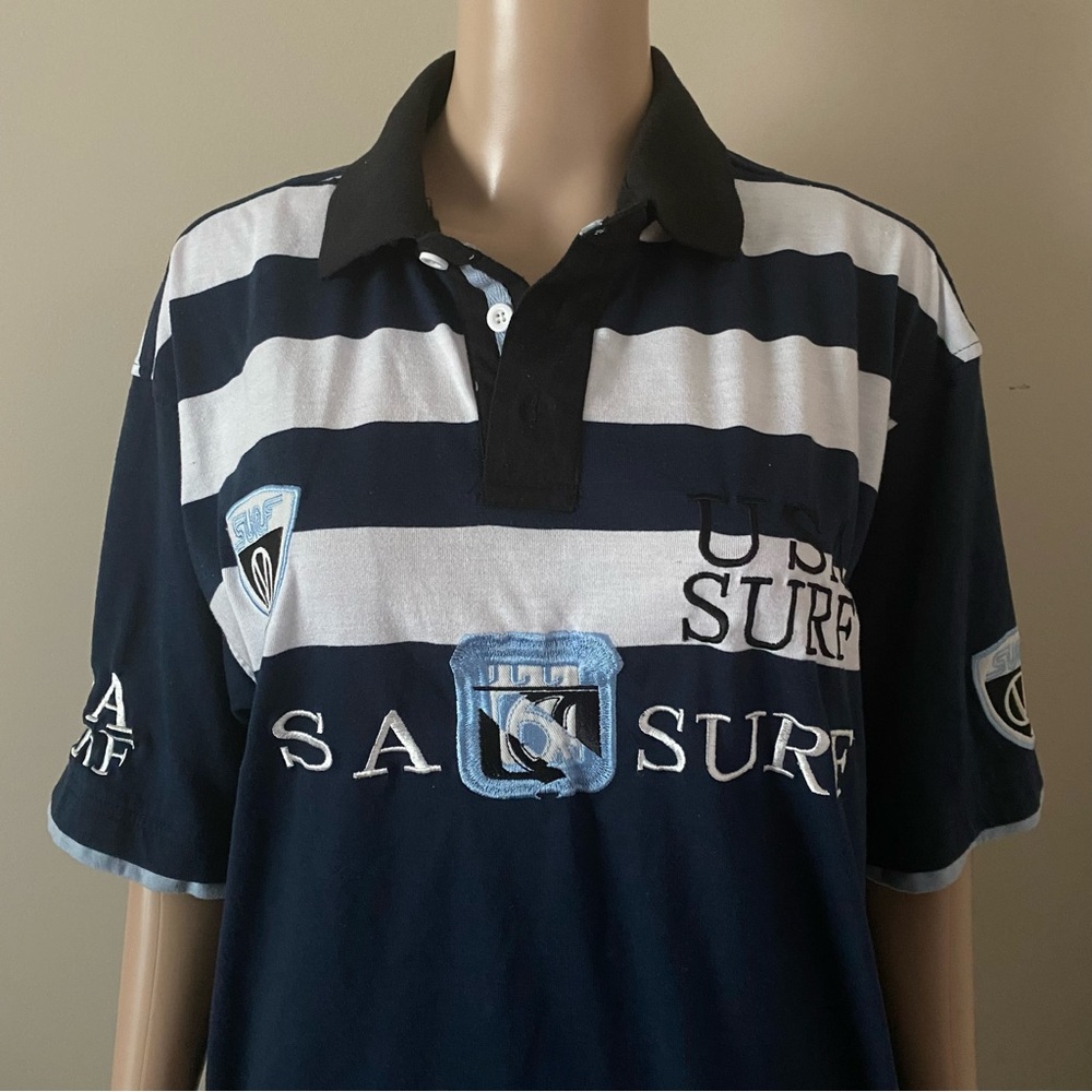 USA Surf embroidered Navy and White Striped rugby Polo Shirt, men’s XXL